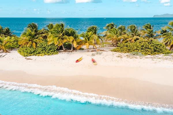 Ocean kayak on a palm-lined Vieques beach