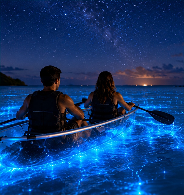 Kayakers paddling through glowing bioluminescent water on the Vieques Bio Bay tour